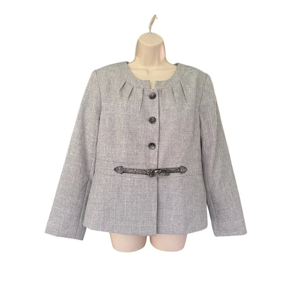Isabella Suits Grey Pleated Collarless Blazer Jacket Snakeskin‎ Belt Size 12